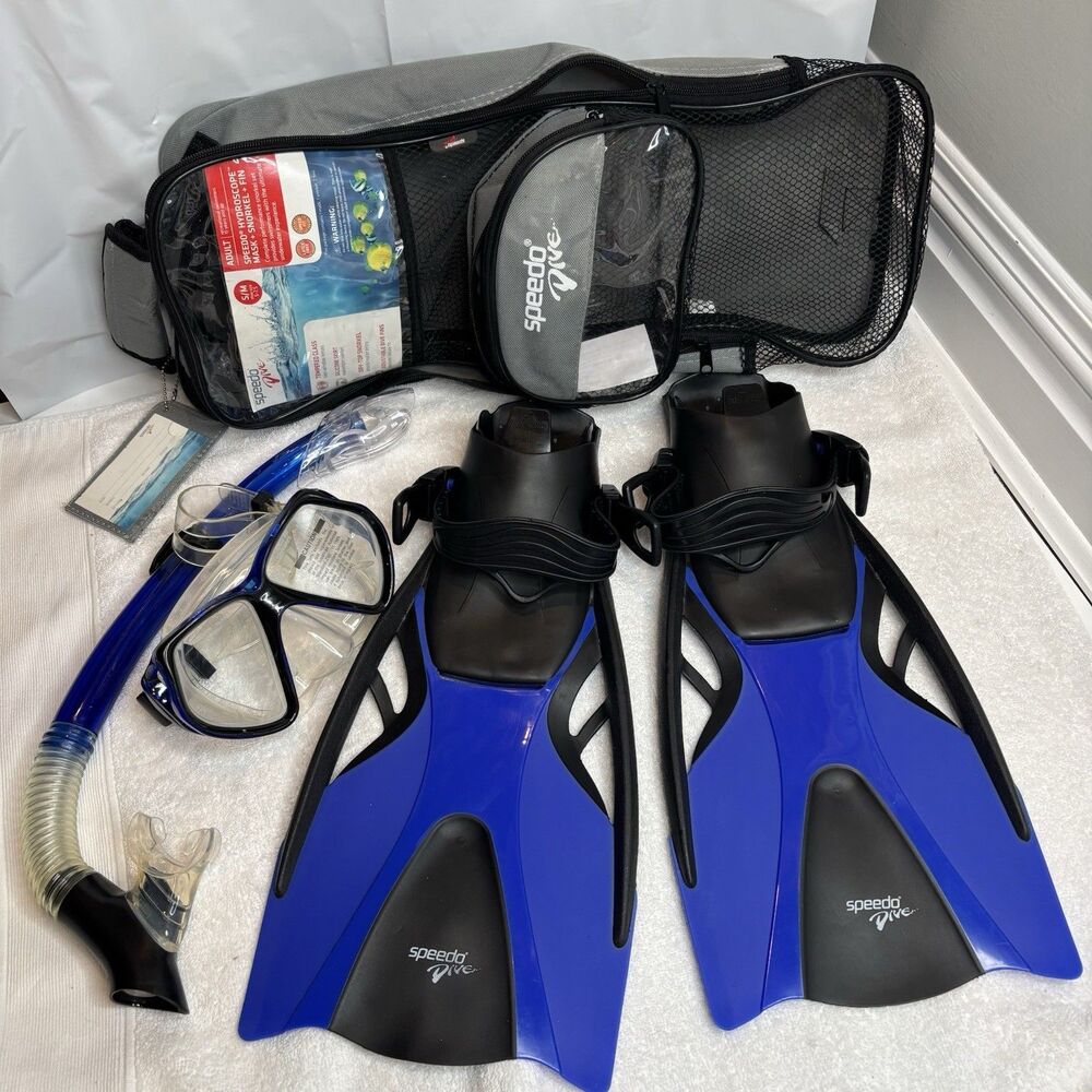 Speedo Hydroscope Adult Snorkel Set Mask Fins Snorkel S/M 5-7.5 NWT Blue Gray